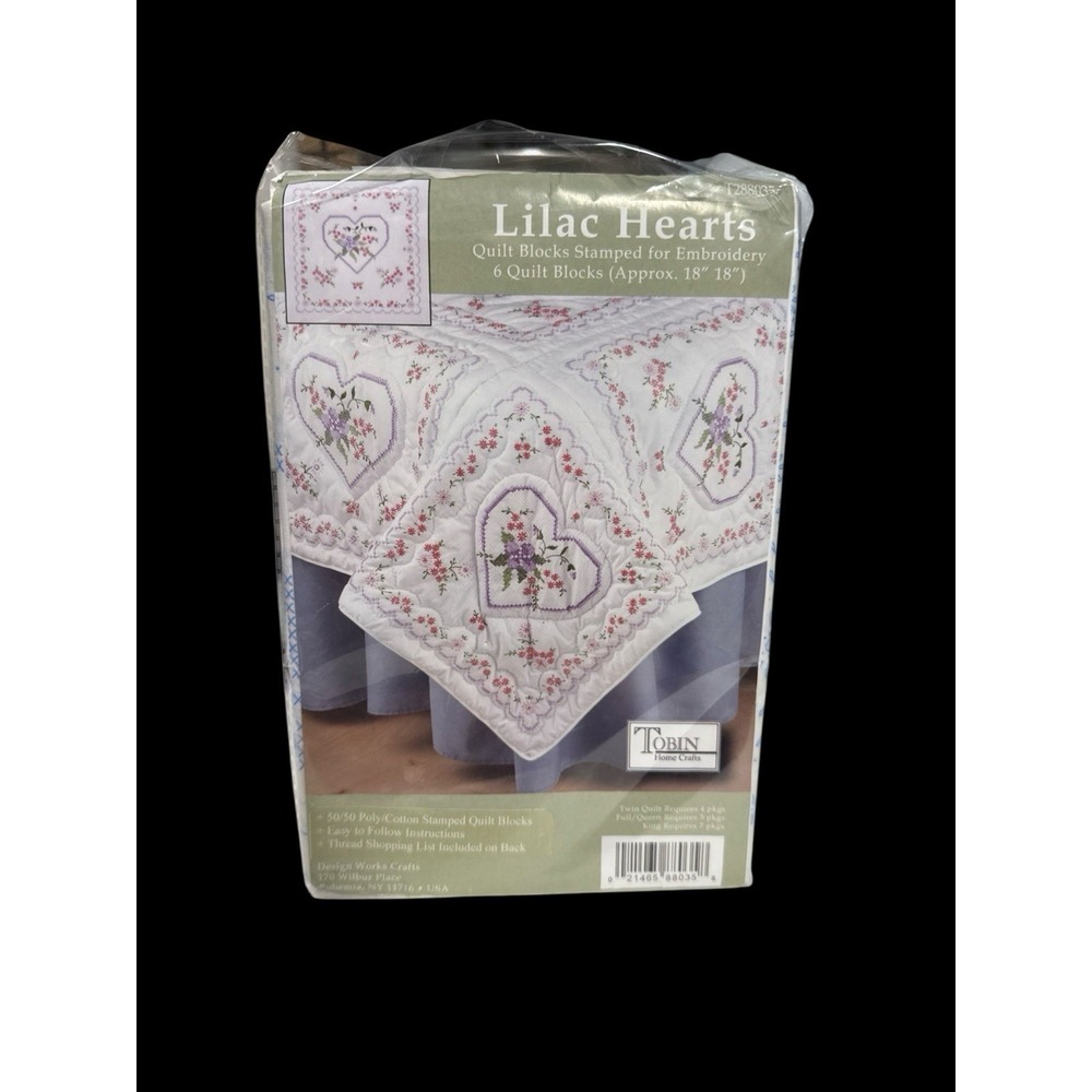 Tobin Stamped White Quilt Blocks 18" X 18" 6/Pkg Lilac Hearts T288035 NIP NEW